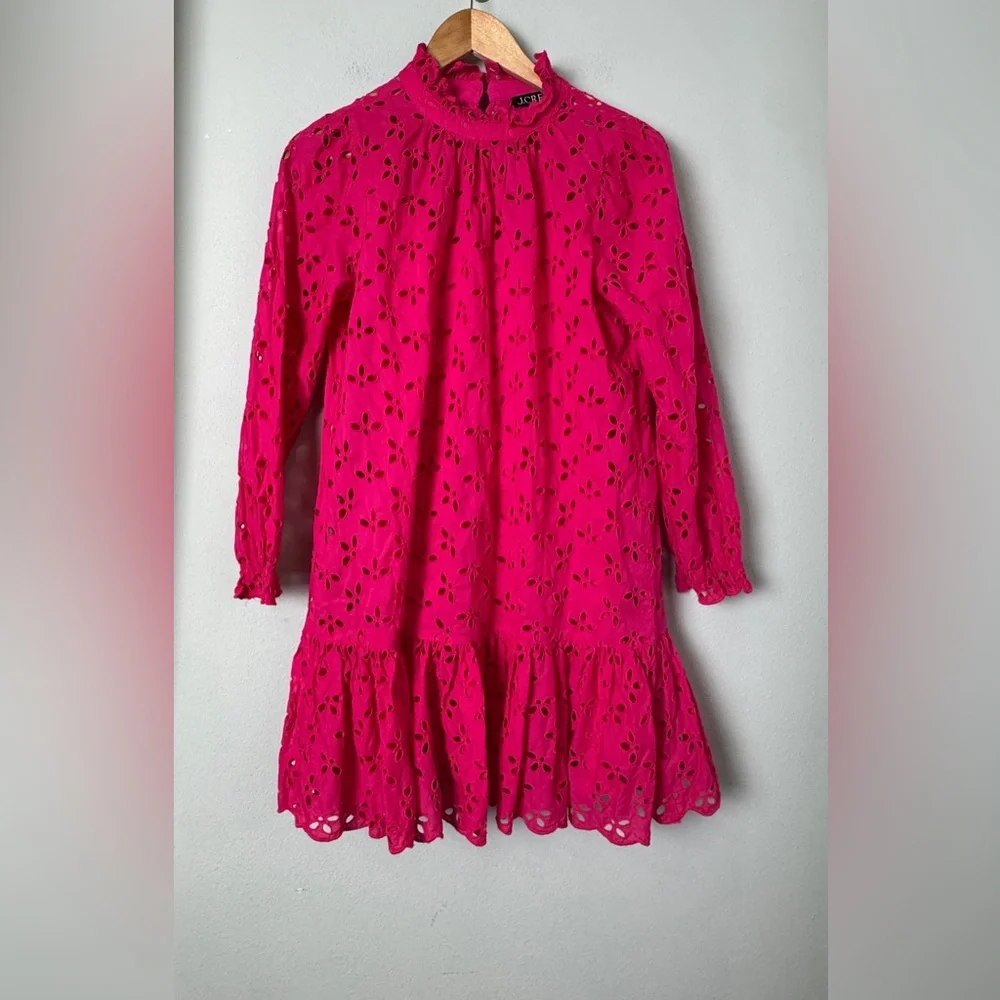 J. Crew Ruffleneck Mini‎ Dress In Eyelet Pink 100% Cotton Dress Size Small